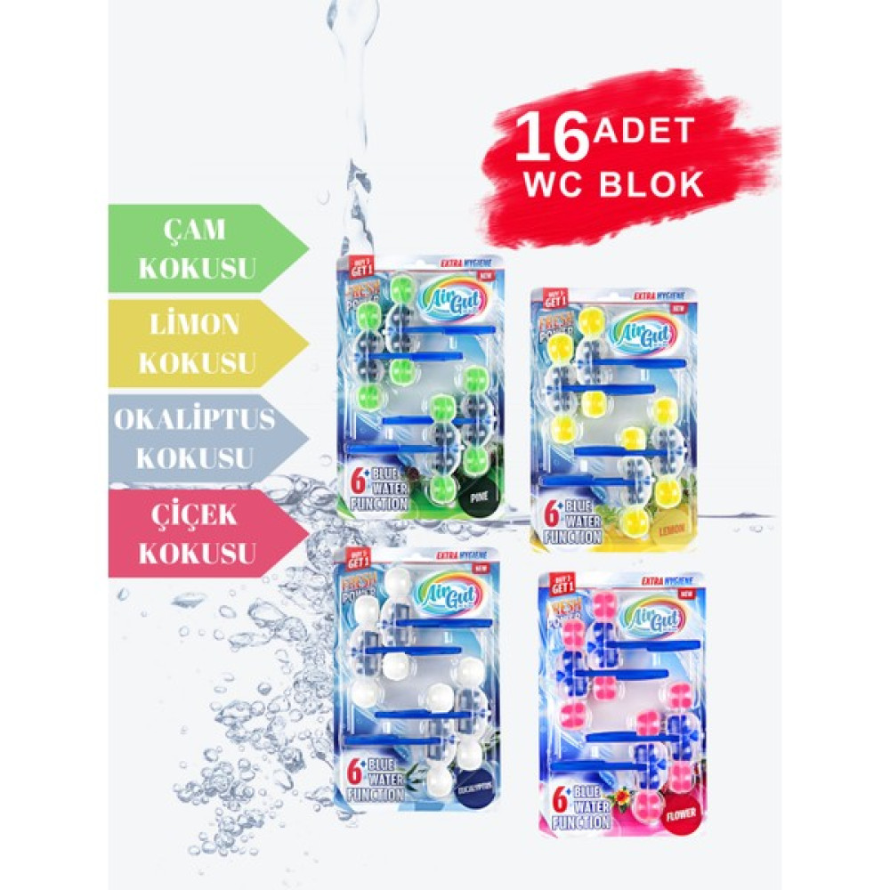 AirGut 4'lü Avantaj Paket, Koku Giderici Karışık Koku 16 Adet WC Blok (Mavi su verir)AirGut 4'lü Paket WC Blok, Tuvalet Koku Giderici 16 Adet Karı... Temizlik Malzemeleri Fiyatı