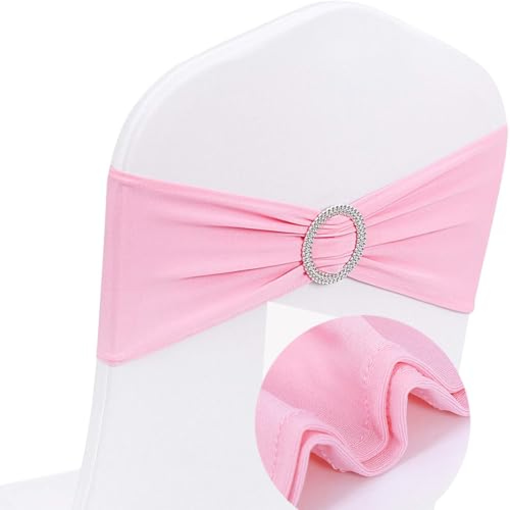 AIRIT LOVELY 100 Pack Chair Sashes Bows Spandex Pink Chair Sashes for Wedding Pink Sashes for Chairs Universal Elastic Chair Sashes Bands with Buckle Slider for Banquet Party Decorations