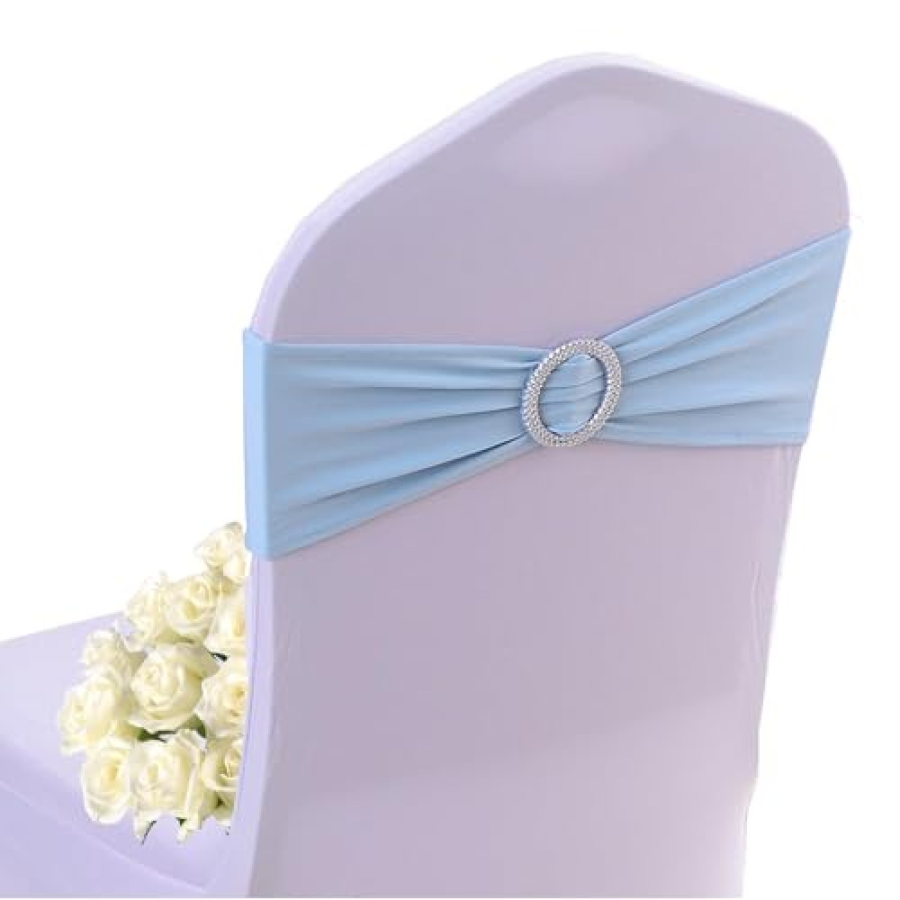 AIRIT LOVELY Blue Chair Sashes 50 Pack Spandex Baby Blue Chair Sashes Bows with Buckle Slider for Wedding Banquet Party Decorations
