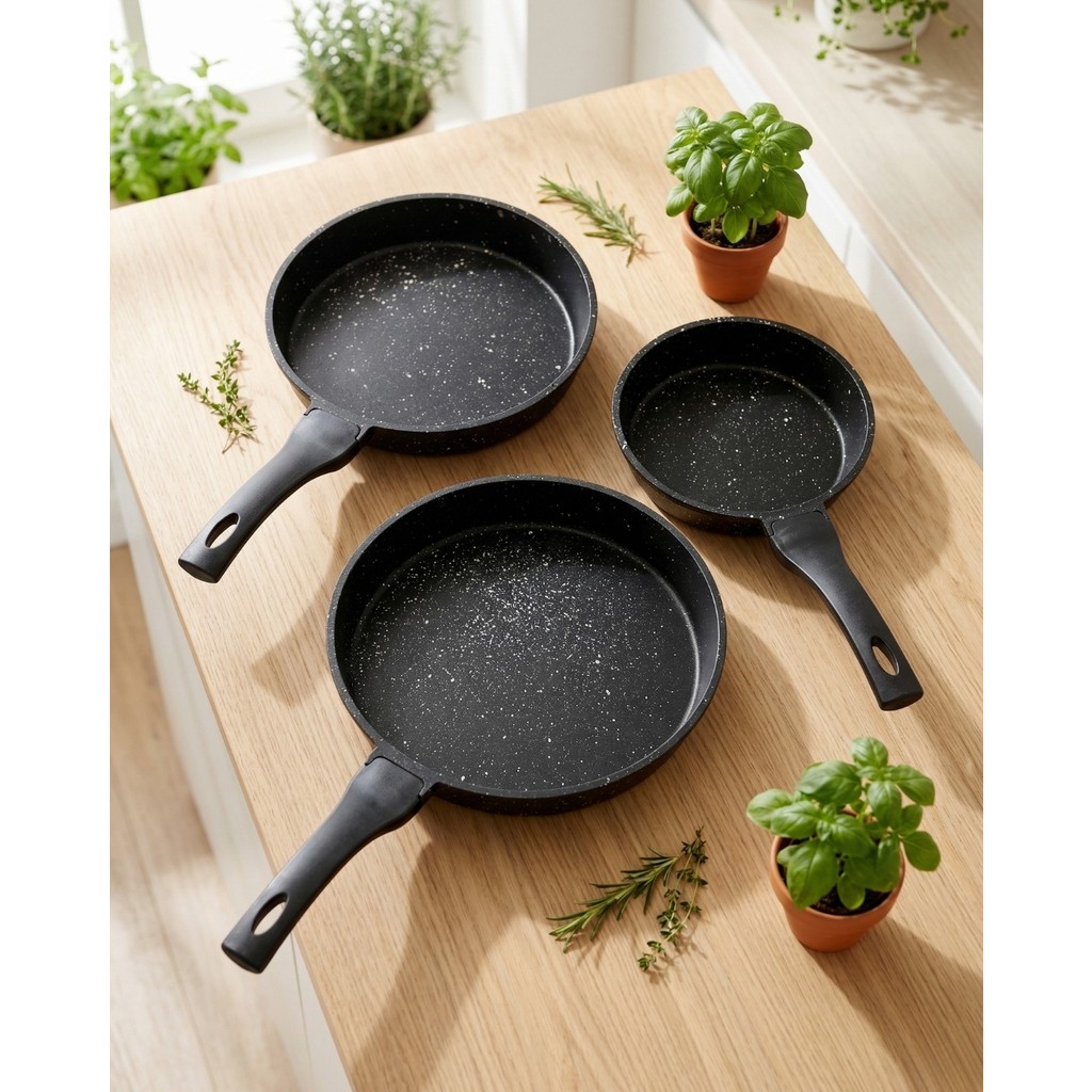 Airobazar %100 Döküm 3’lü Tava Seti, Uzun Ömürlü, Eşit Isı Dağılımı, Yapışmaz Yüzey, 20-24-28 cm - Siyah Tencere / Tava Setleri Fiyatı