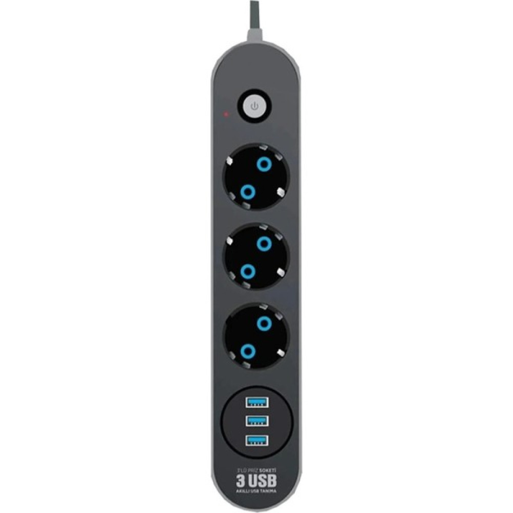 Airstorr Akım Korumalı 3'lü Grup Priz 1 Mini LED Uzatma Kablosu 3x USB 3x Anahtar 2 m Kablo 2500W Prizler Fiyatı
