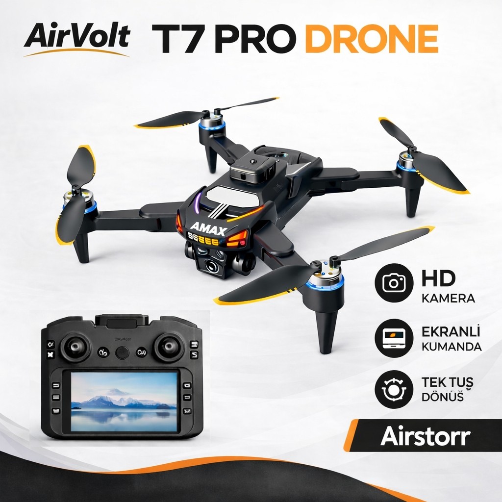Airstorr T7 Pro Drone Hd Kameralı Ekranlı Kumanda Katlanabilir Tek Tuş Kalkış/iniş Optical Flow Stabilizasyon - Siyah TV Aksesuarları Fiyatı