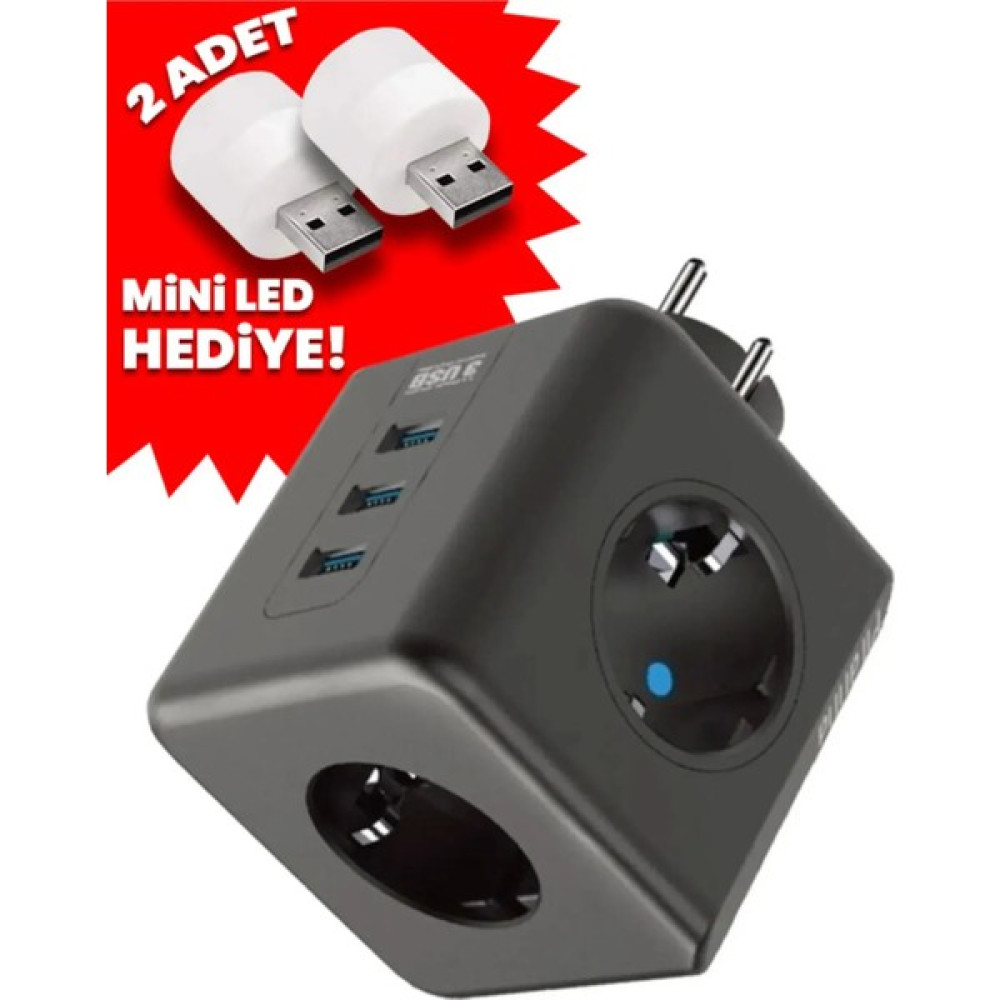 Airstorr Termal Akım Korumalı 3'lü Duvar Tipi Priz 3 Usb'li Küp Priz Ftr-09 + 2 Adet Mini LED Lamba Prizler Fiyatı