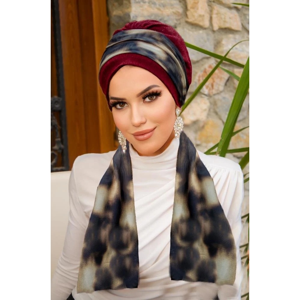 Aişe Tesettür Bordo Kahve Batik Desen Fularlı Bone Diğer Fiyatı