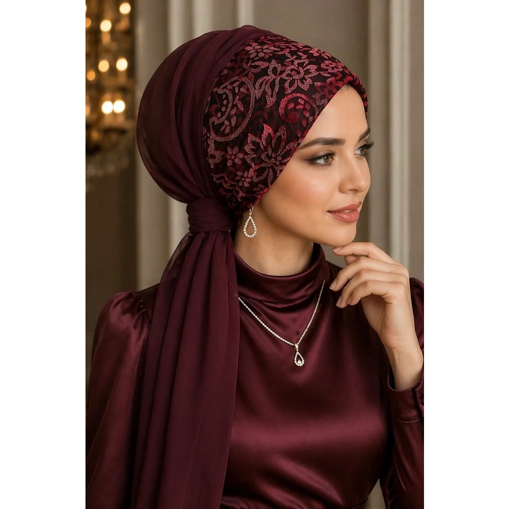 Aişe Tesettür Bordo Kırmızı Abiye Tokalı Bone / Hazır Duvak Giyim & İç Giyim Fiyatı