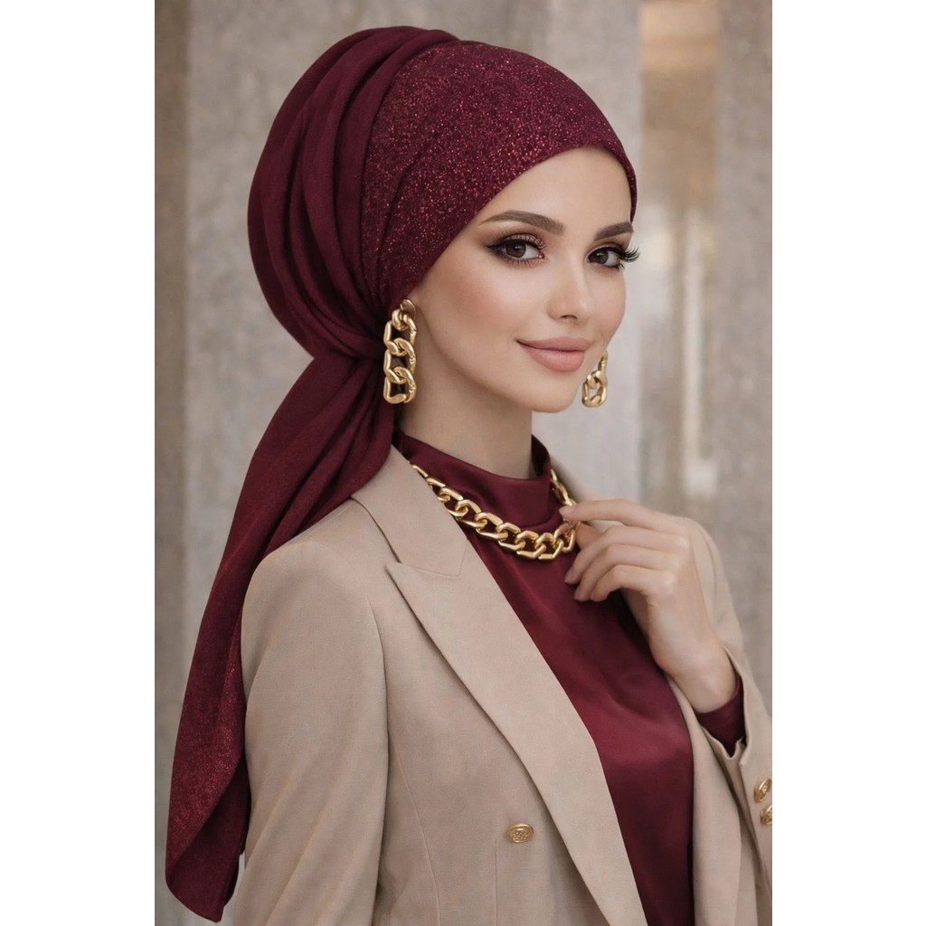 Aişe Tesettür Bordo Simli Abiye Tokalı Bone / Hazır Duvak Giyim & İç Giyim Fiyatı
