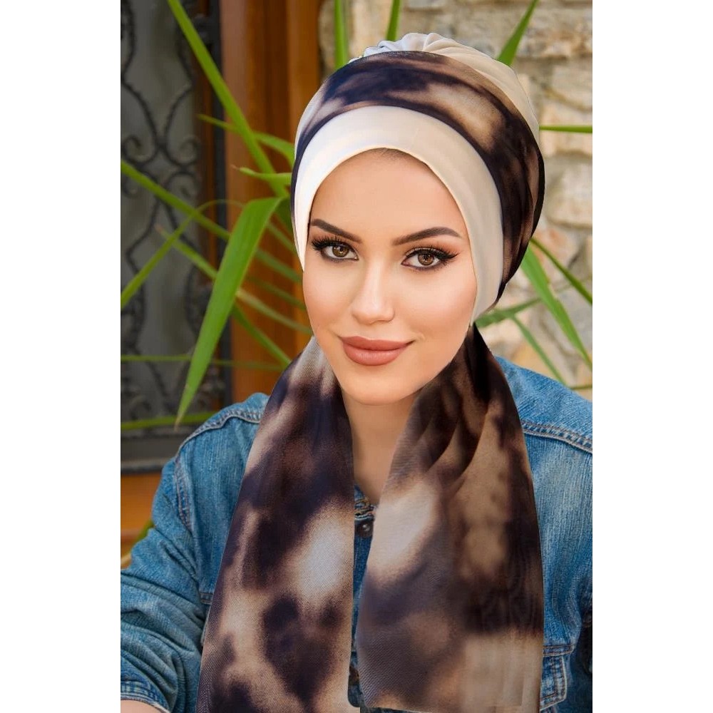 Aişe Tesettür Kemik Kahve Batik Desen Fularlı Bone Diğer Fiyatı