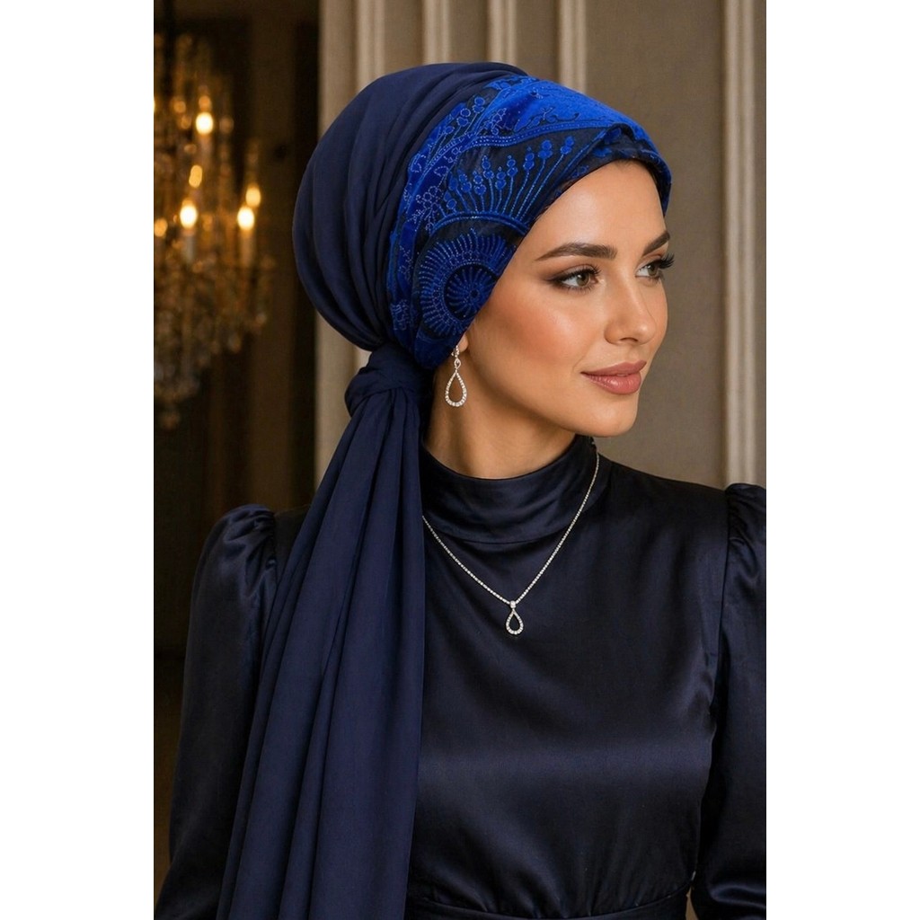 Aişe Tesettür Lacivert Saks Mavi Abiye Tokalı Bone / Hazır Duvak Giyim & İç Giyim Fiyatı