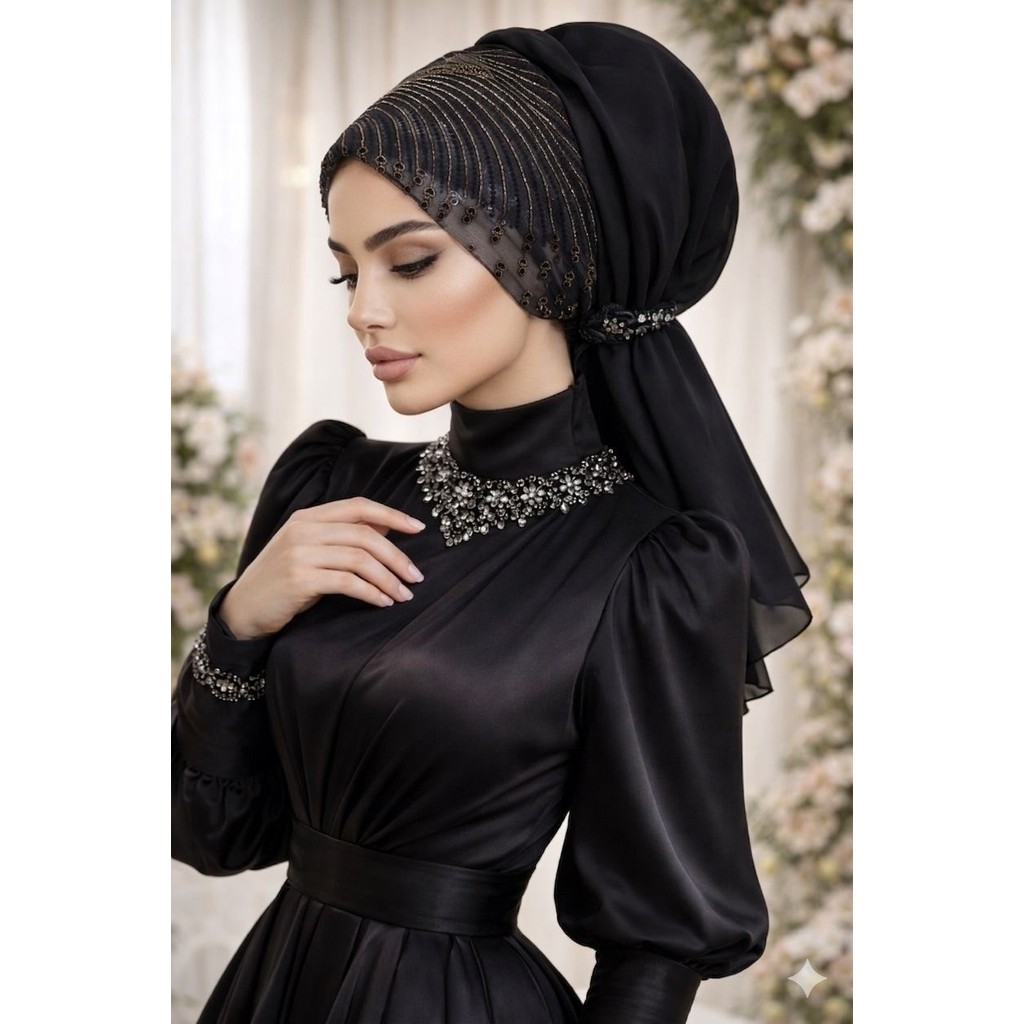 Aişe Tesettür Siyah Gümüş Abiye Tokalı Bone / Hazır Duvak Giyim & İç Giyim Fiyatı