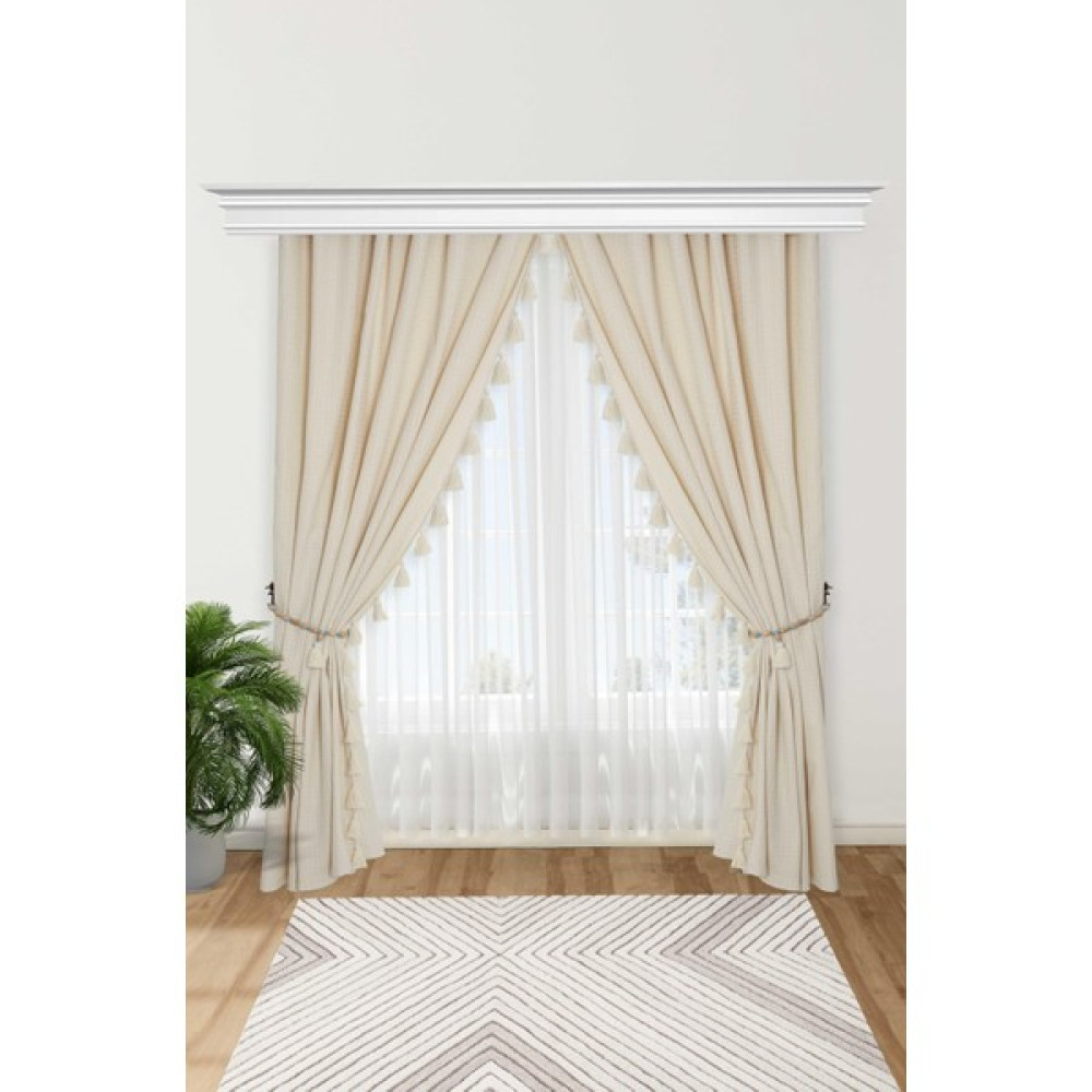 Aisha's Design Ahşap Boncuklu Kenarları Püsküllü Fon Perde Çift Kenar,pr-20 - 245 x 140 cm - Krem Fon Perde Fiyatı