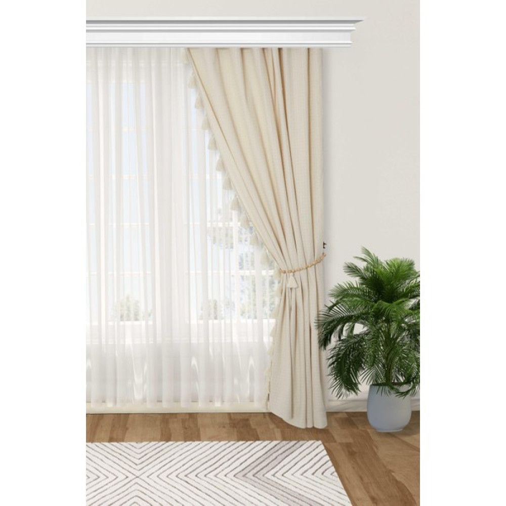 Aisha's Design Ahşap Boncuklu Kenarları Püsküllü Fon Perde Sağ KENAR,PR-23SAG - 245 x 140 cm - Krem Fon Perde Fiyatı