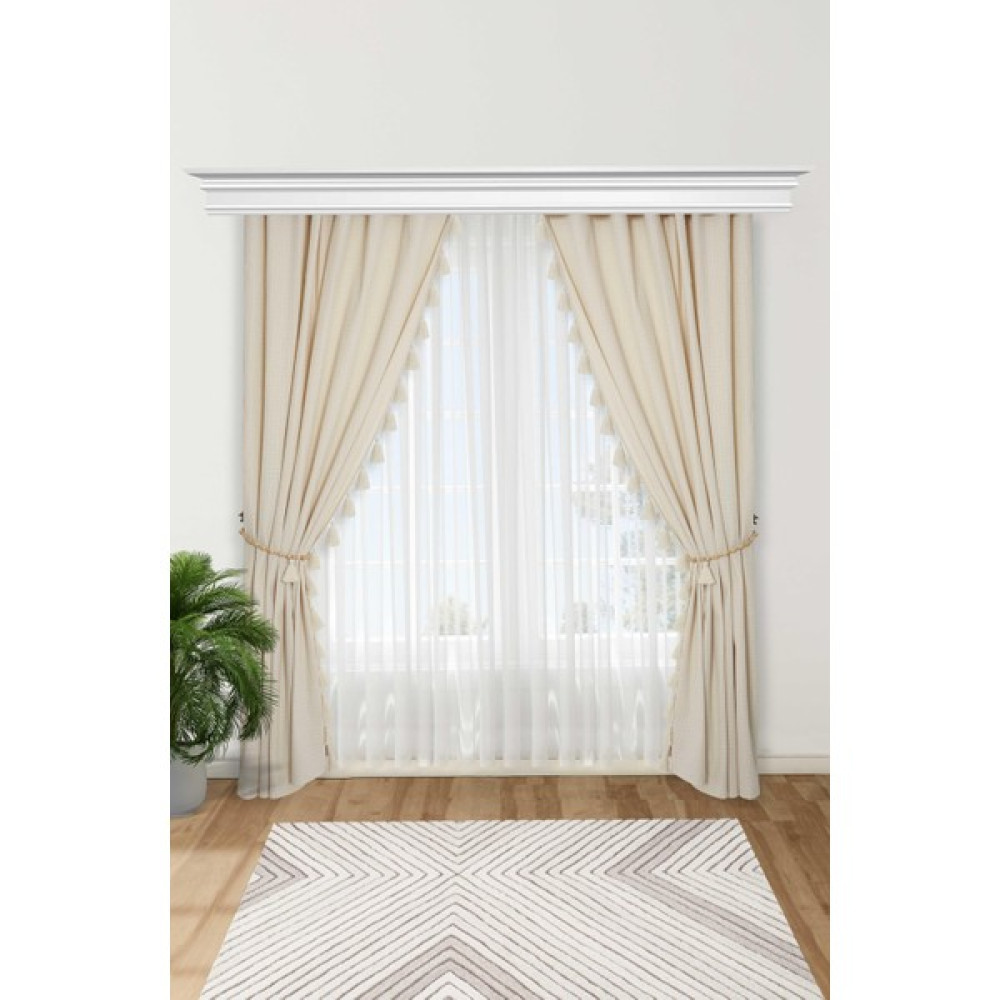 Aisha's Design Ahşap Boncuklu Kenarlı Püsküllü Fon Perde Çift Kenar,pr-23 - 245 x 140 cm - Krem Fon Perde Fiyatı
