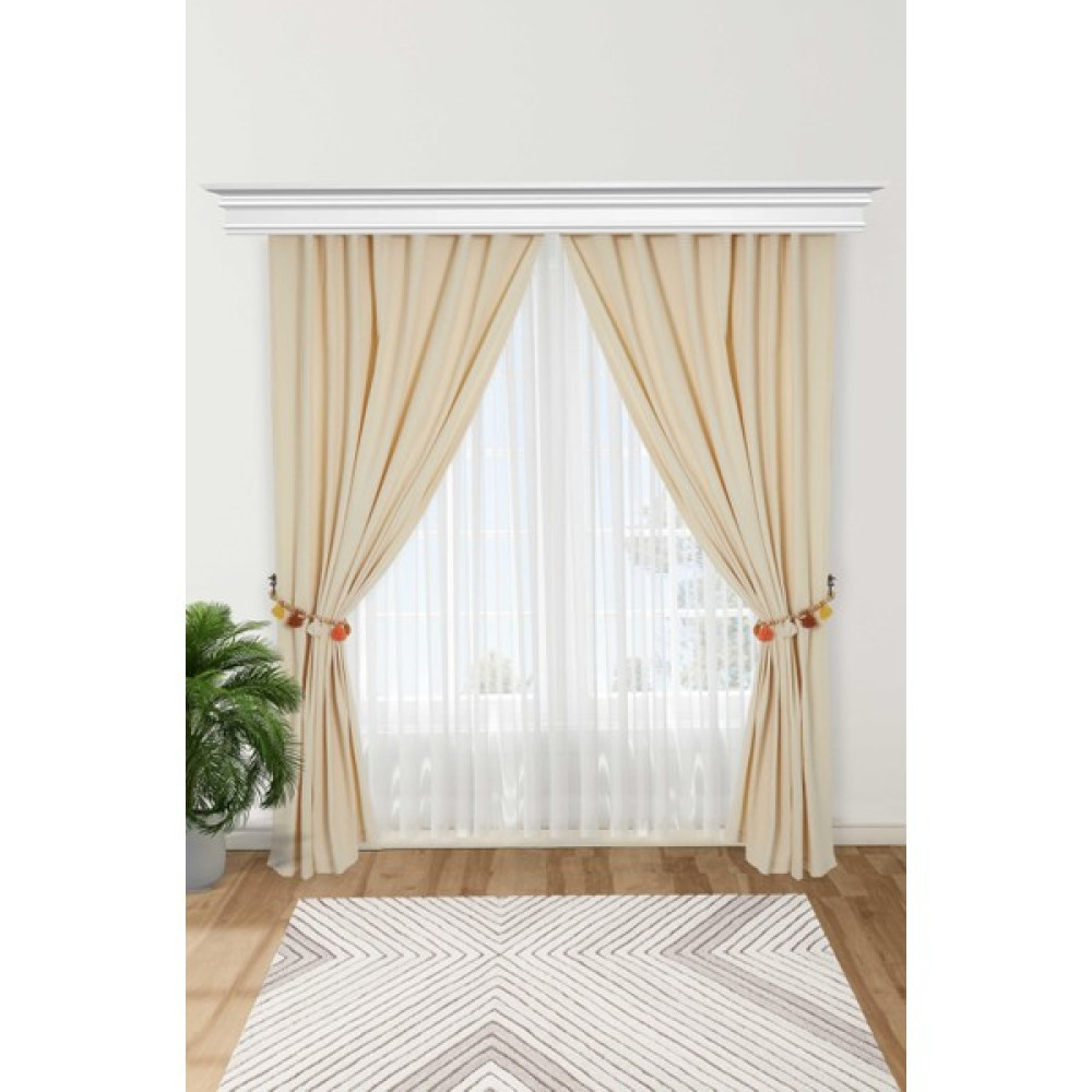 Aisha's Design Ahşap Boncuklu Renkli Püsküllü Fon Perde Çift Kenar,pr-12 - 245 x 140 cm - Krem Fon Perde Fiyatı