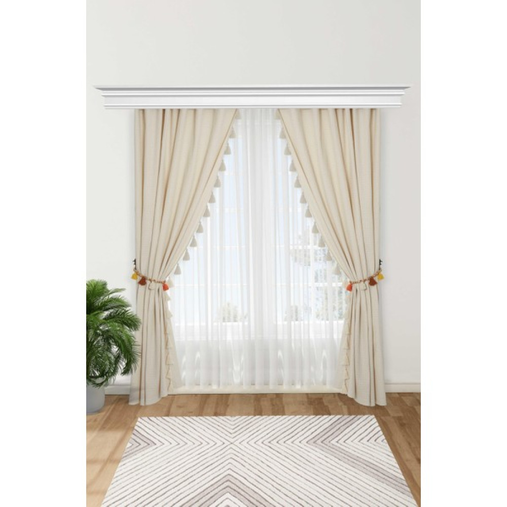 Aisha's Design Ahşap Boncuklu Renkli Püsküllü Kenarları Püsküllü Fon Perde Çift Kenar,pr-18 - 245 x 140 cm - Krem Fon Perde Fiyatı