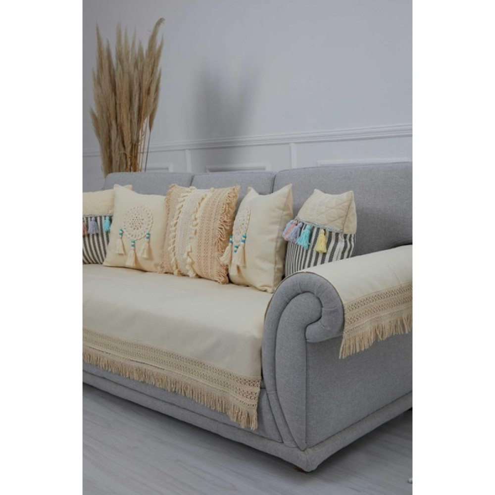 Aisha's Design Dantel Aksesuarlı 3'lü Koltuk Örtüsü ve Kolçak Takımı,ktk-2 - Krem - 90 x 210 cm Koltuk & Kanepe Örtüsü Fiyatı