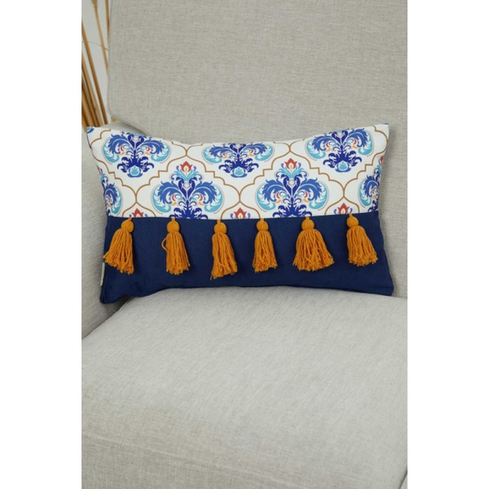 Aisha's Design Desenli Püsküllü Dikdörtgen Kırlent KILIFI,K-273 - 50 x 30 cm - Mavi Kırlent / Mobilya Yastığı Fiyatı