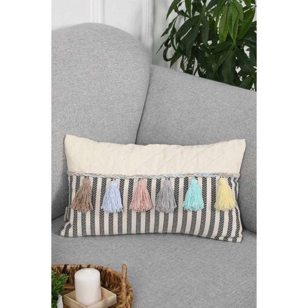 Aisha's Design Dikdörtgen Renkli Püsküllü Kırlent Kılıfı,Krem - Çizgili Desen,K-210 - 30 x 50 cm - Krem Kırlent / Mobilya Yastığı Fiyatı