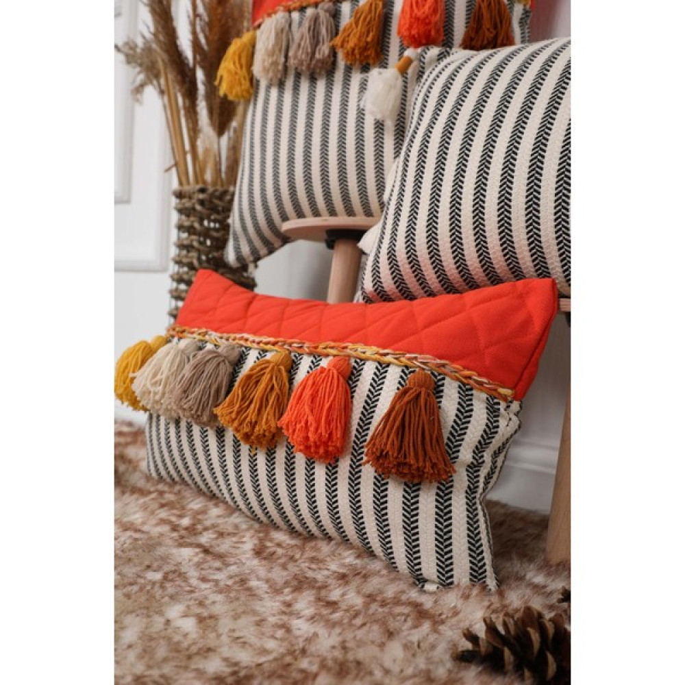 Aisha's Design Dikdörtgen Renkli Püsküllü Kırlent Kılıfı,Turuncu - Çigili Desen,K-210 - 30 x 50 cm - Turuncu Kırlent / Mobilya Yastığı Fiyatı