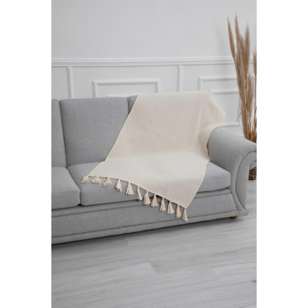Aisha's Design Kenarları Örgü Detay Püsküllü Koltuk Şalı 80 x 170,KS-1 - Krem - 80 x 170 cm Koltuk & Kanepe Örtüsü Fiyatı