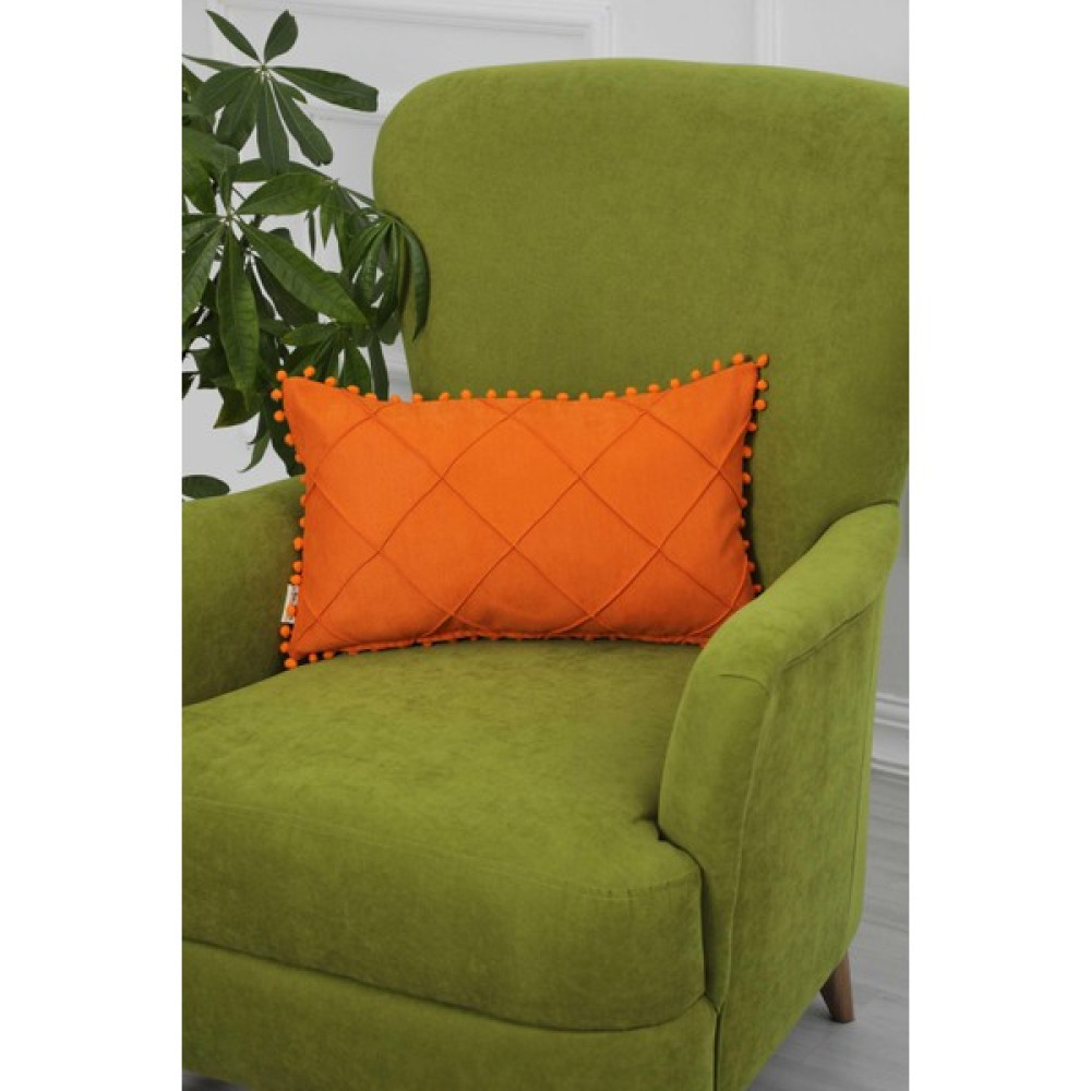 Aisha's Design Kenarları Ponponlu Kırlent Kılıfı,K-244 - 50 x 30 cm - Turuncu Kırlent / Mobilya Yastığı Fiyatı