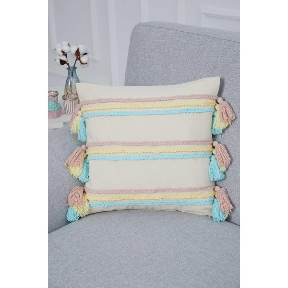 Aisha's Design Örgü Detaylı Kırlent KILIFI,K-288 - 45 x 45 cm - Krem - Mavi Kırlent / Mobilya Yastığı Fiyatı
