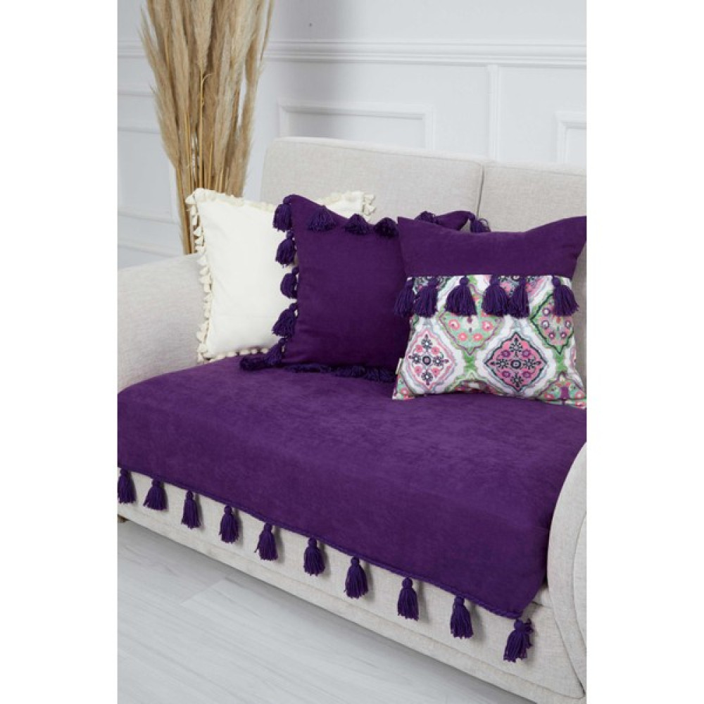 Aisha's Design Örgü Kenar Detaylı Püsküllü Koltuk Örtüsü 90 x 155 cm - Mor Koltuk & Kanepe Örtüsü Fiyatı