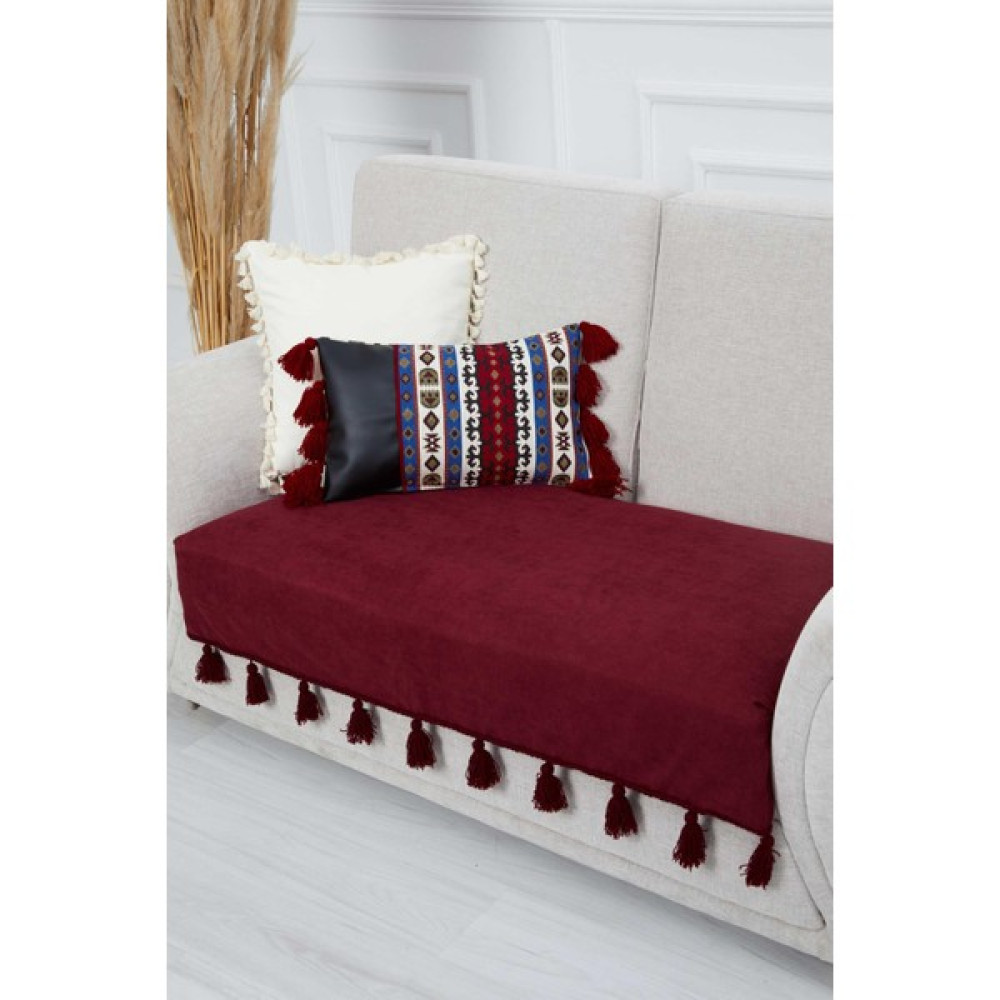 Aisha's Design Örgü Kenar Detaylı Püsküllü Koltuk Örtüsü 90 x 155 CM,KO-26IK - 90 x 155 cm - Bordo Koltuk & Kanepe Örtüsü Fiyatı