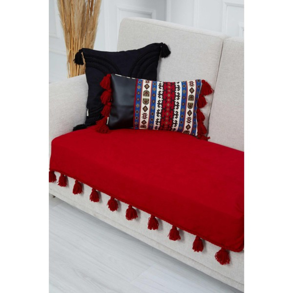 Aisha's Design Örgü Kenar Detaylı Püsküllü Koltuk Örtüsü 90 x 155 CM,KO-26IK - 90 x 155 cm - Kırmızı Koltuk & Kanepe Örtüsü Fiyatı
