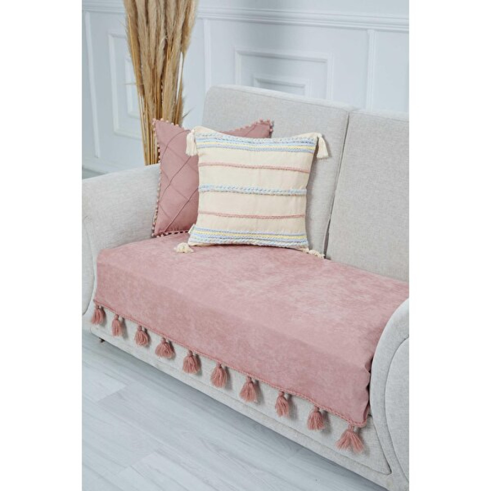 Aisha's Design Örgü Kenar Detaylı Püsküllü Koltuk Örtüsü 90 x 155 CM,KO-26IK - 90 x 155 cm - Pudra Koltuk & Kanepe Örtüsü Fiyatı