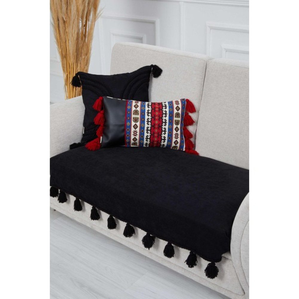 Aisha's Design Örgü Kenar Detaylı Püsküllü Koltuk Örtüsü 90 x 155 CM,KO-26IK - 90 x 155 cm - Siyah Koltuk & Kanepe Örtüsü Fiyatı