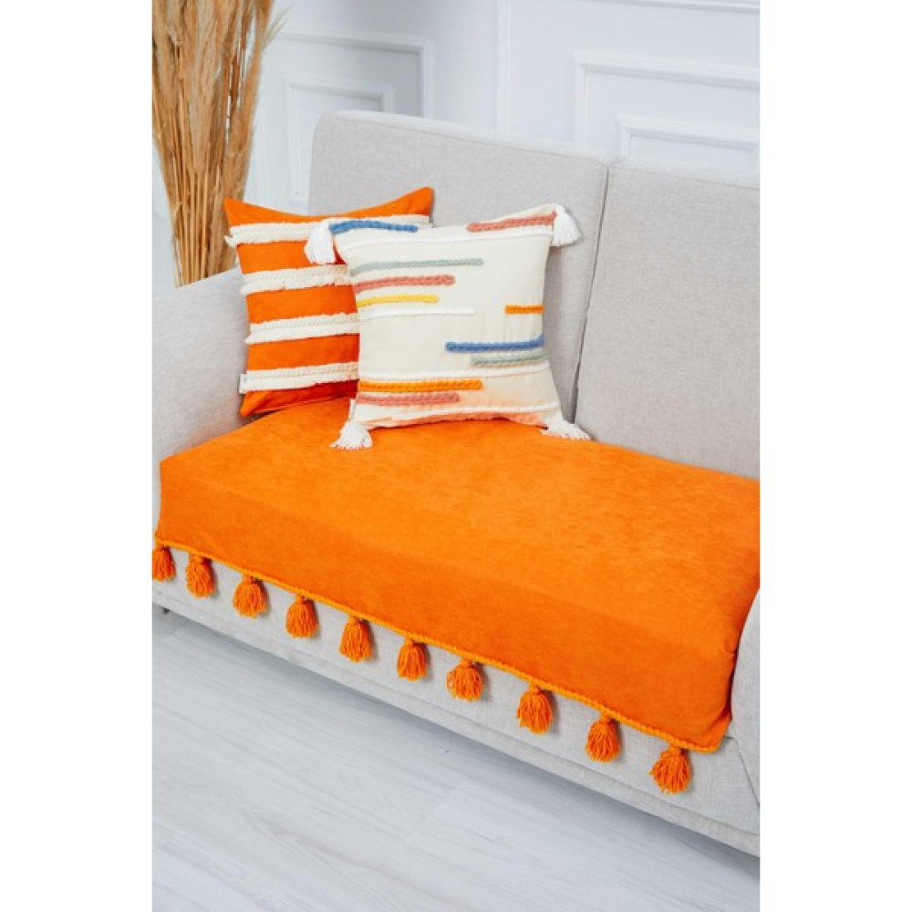 Aisha's Design Örgü Kenar Detaylı Püsküllü Koltuk Örtüsü 90 x 155 CM,KO-26IK - 90 x 155 cm - Turuncu Koltuk & Kanepe Örtüsü Fiyatı