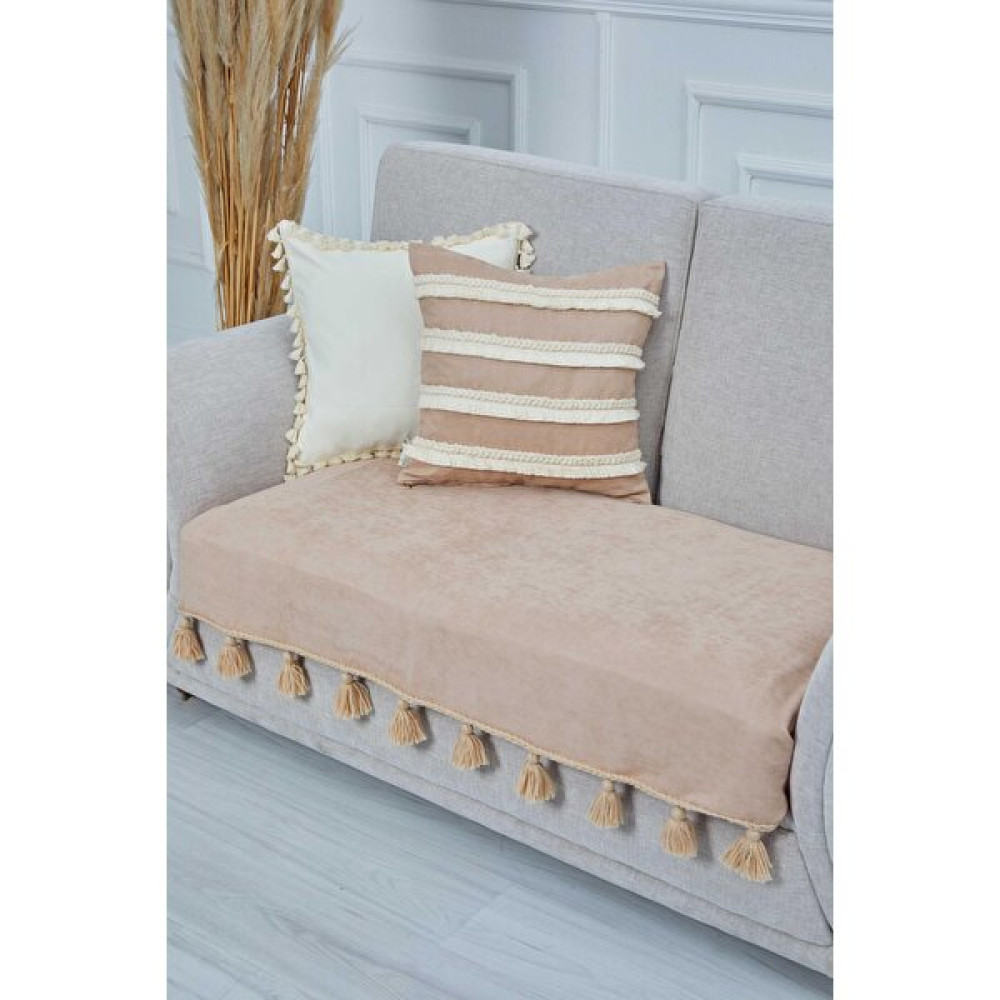 Aisha's Design Örgü Kenar Detaylı Püsküllü Koltuk Örtüsü 90 x 155 CM,KO-26IK - 90 x 155 cm - Vizon Koltuk & Kanepe Örtüsü Fiyatı