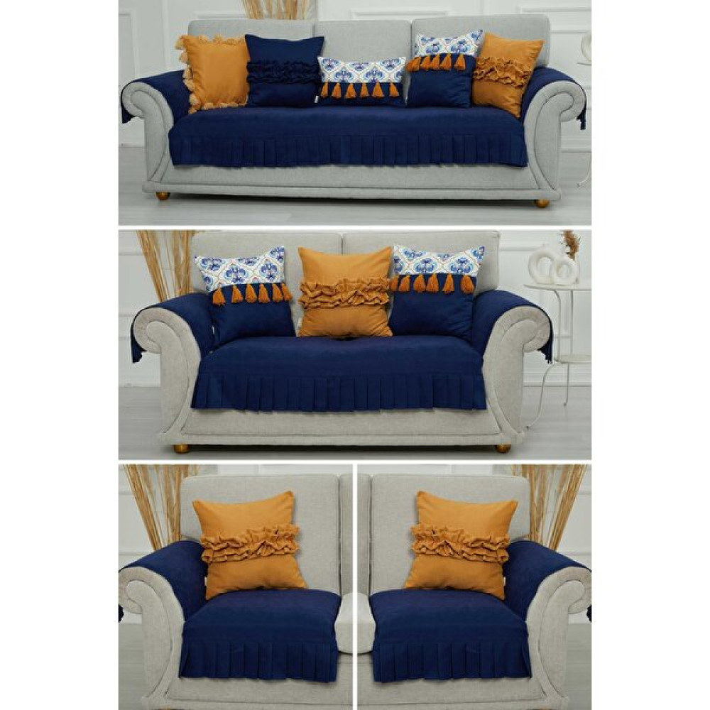 Aisha's Design Pileli 3'lü 2'li Tekli Koltuk Örtüsü ve Kolçak Takımı,ktk-9 - Mavi - 90 x 210 cm Koltuk & Kanepe Örtüsü Fiyatı