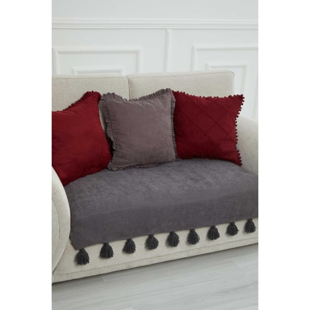 Aisha's Design Püsküllü Ikili Koltuk Örtüsü 90 x 155 cm - Gri Koltuk & Kanepe Örtüsü Fiyatı