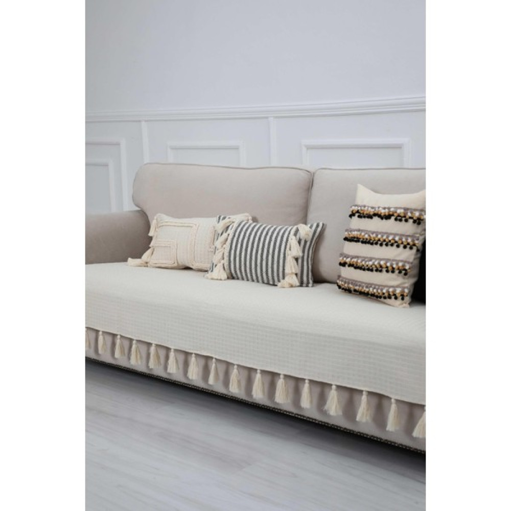 Aisha's Design Püsküllü Koltuk Örtüsü 90 x 210,KO-21 - Krem - 90 x 210 cm Koltuk & Kanepe Örtüsü Fiyatı