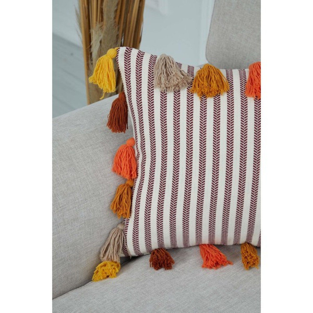 Aisha's Design Rengarenk Püsküllü Çizgili Kırlent KILIFI,K-272 - 45 x 45 cm - Renkli Kırlent / Mobilya Yastığı Fiyatı