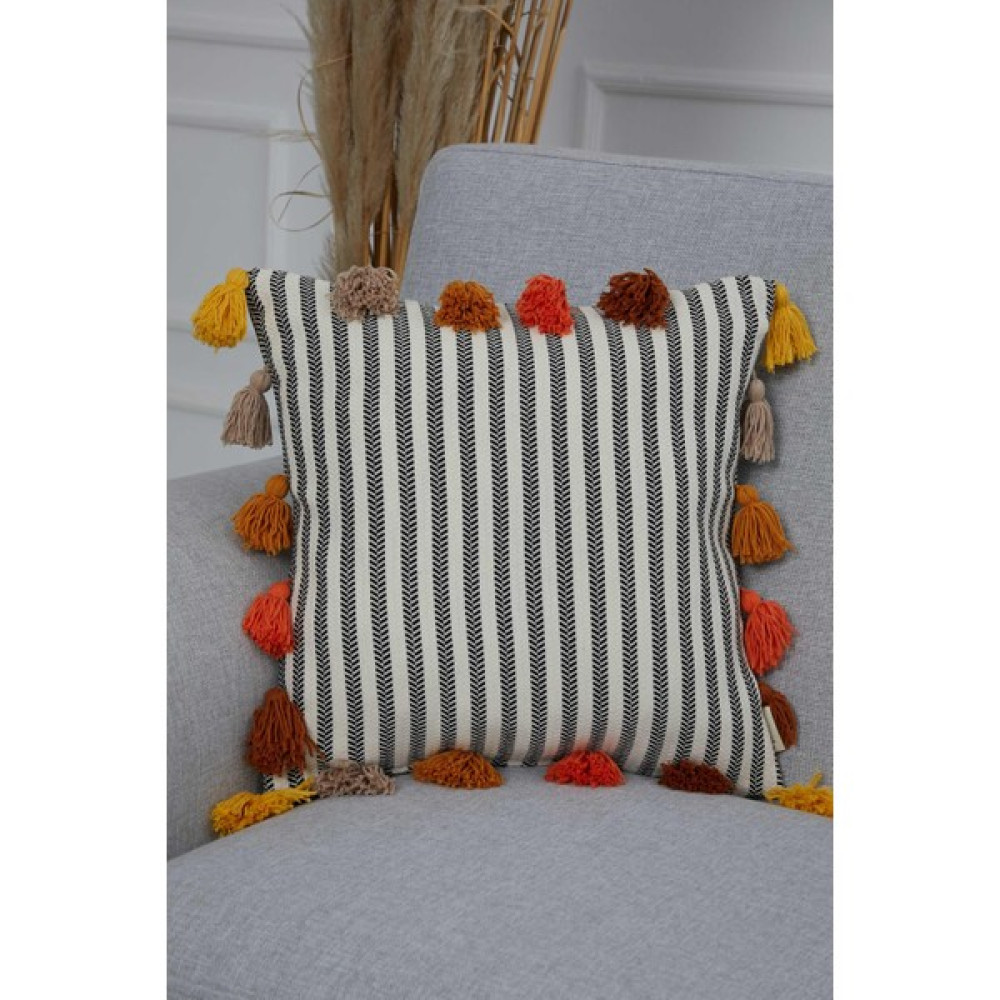 Aisha's Design Rengarenk Püsküllü Çizgili Kırlent KILIFI,K-272 - 45 x 45 cm - Safir Kırlent / Mobilya Yastığı Fiyatı