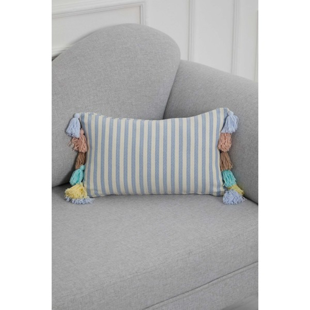 Aisha's Design Rengarenk Püsküllü Dikdörtgen Kırlent KILIFI,K-274 - 50 x 30 cm - Mavi Kırlent / Mobilya Yastığı Fiyatı
