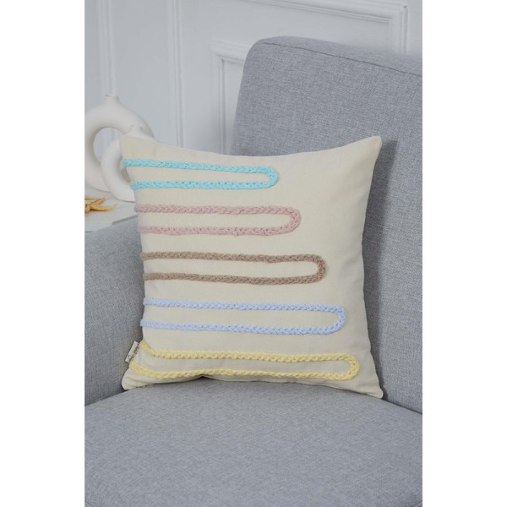 Aisha's Design Renkli Örgü Detaylı Kırlent KILIFI,K-283 - 45 x 45 cm - Krem - Mavi Kırlent / Mobilya Yastığı Fiyatı