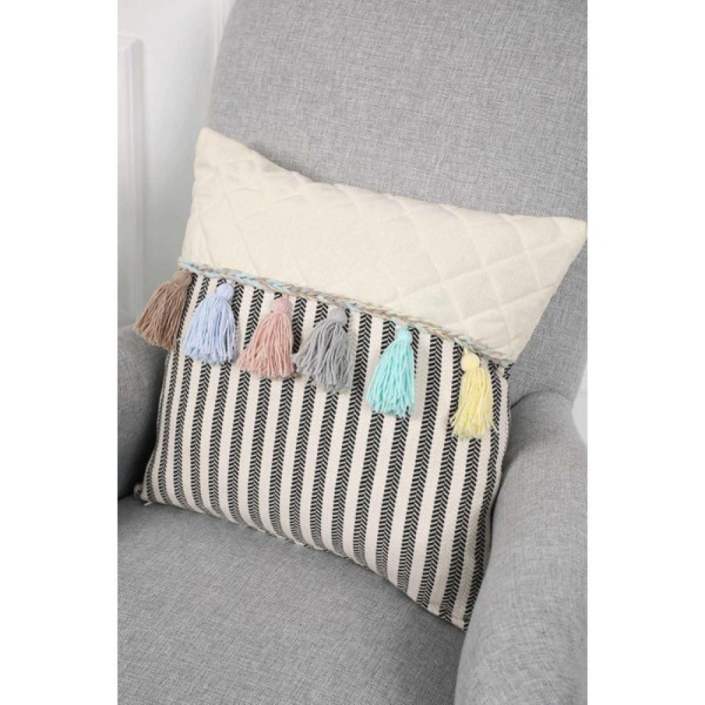 Aisha's Design Renkli Püsküllü Kırlent Kılıfı,K-196 - 45 x 45 cm - Krem Kırlent / Mobilya Yastığı Fiyatı