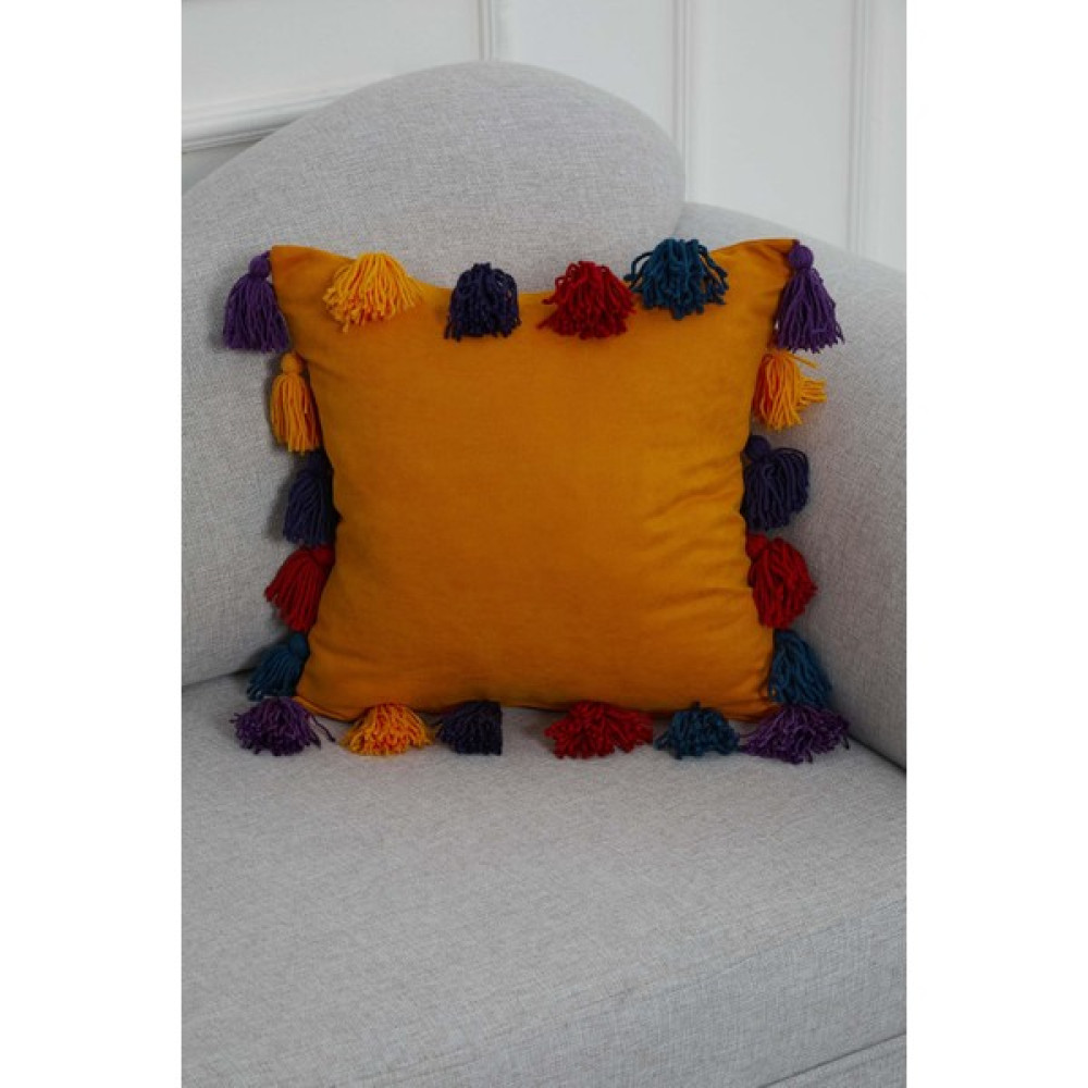 Aisha's Design Renkli Püsküllü Kırlent KILIFI,K-280 - 45 x 45 cm - Turuncu Kırlent / Mobilya Yastığı Fiyatı
