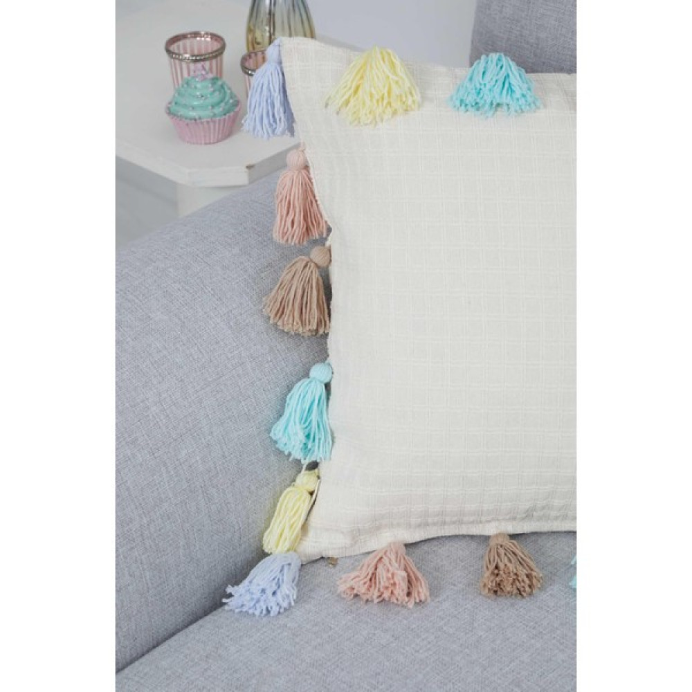 Aisha's Design Renkli Püsküllü Kırlent KILIFI,K-284 - 45 x 45 cm - Krem - Mavi Kırlent / Mobilya Yastığı Fiyatı