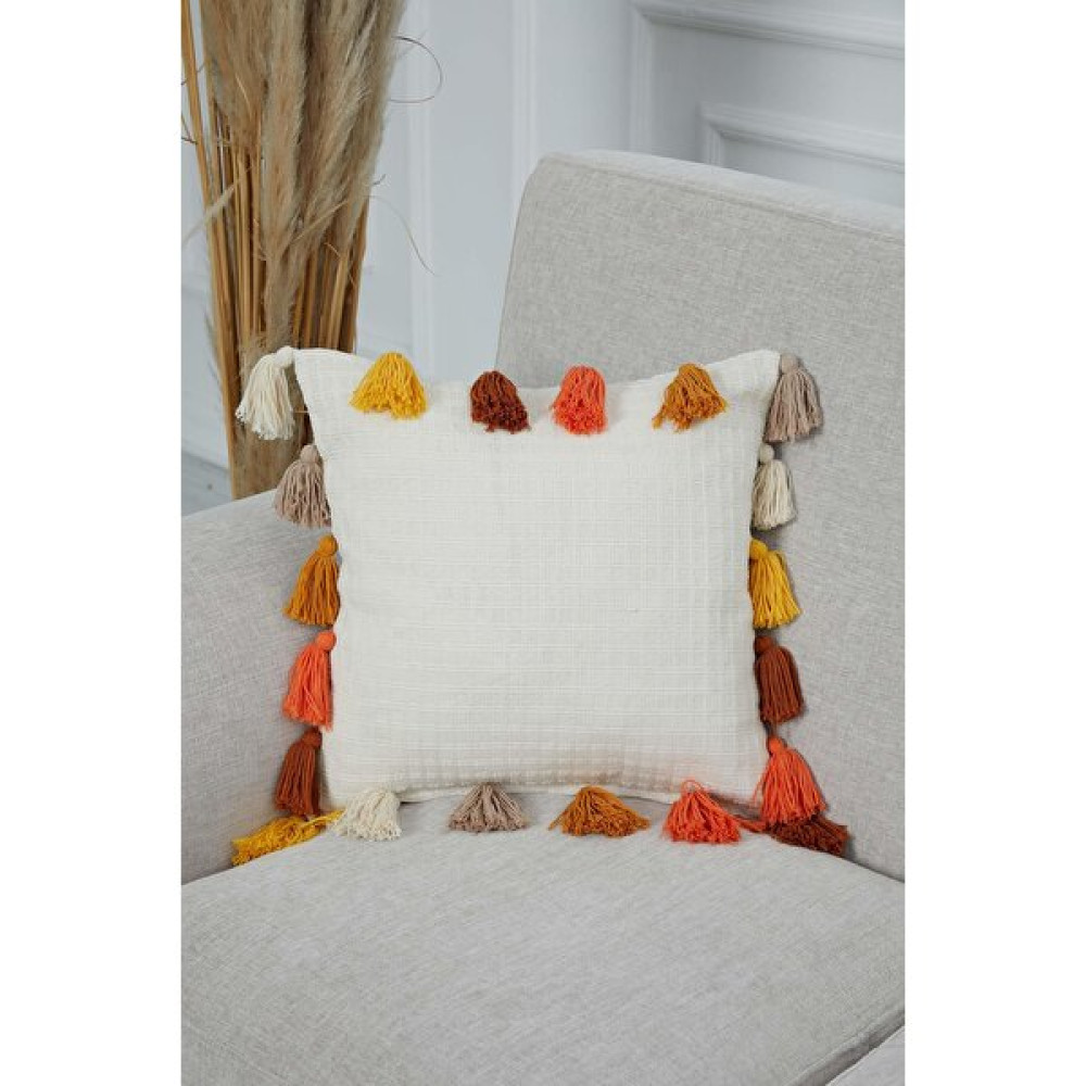 Aisha's Design Renkli Püsküllü Kırlent KILIFI,K-284 - 45 x 45 cm - Krem - Turuncu Kırlent / Mobilya Yastığı Fiyatı