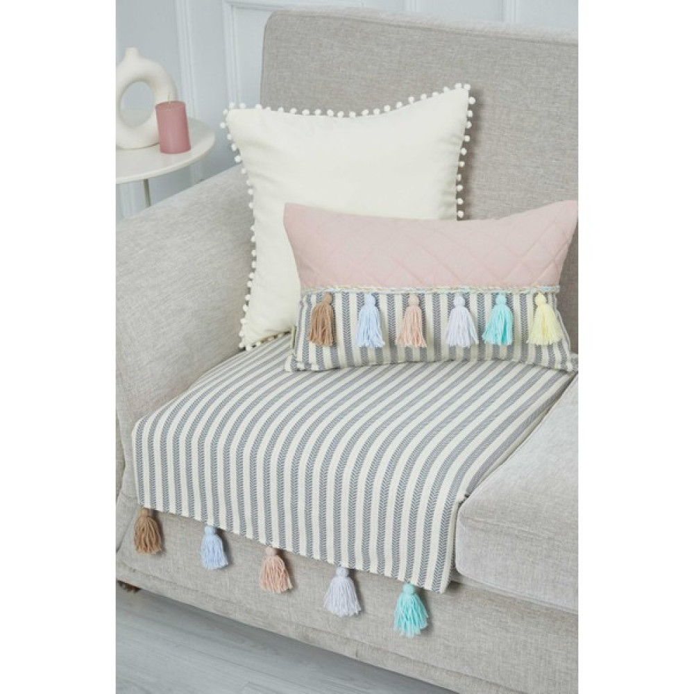 Aisha's Design Renkli Püsküllü Koltuk Örtüsü Tekli Koltuk Örtüsü 75 x 90,KO-20T - Gri - 75 x 90 cm Koltuk & Kanepe Örtüsü Fiyatı
