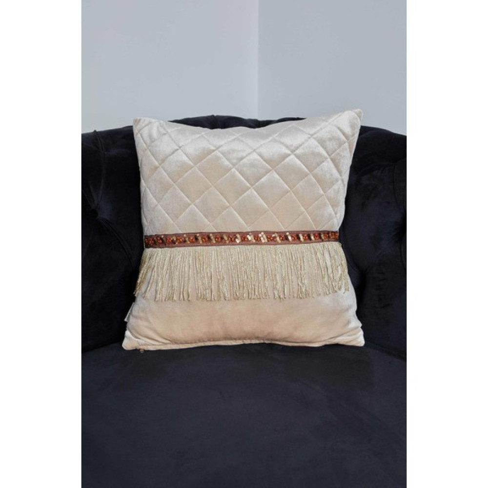 Aisha's Design Saçaklı Kadife Kırlent KILIFI,K-333 - 45 x 45 cm - Bej Kırlent / Mobilya Yastığı Fiyatı