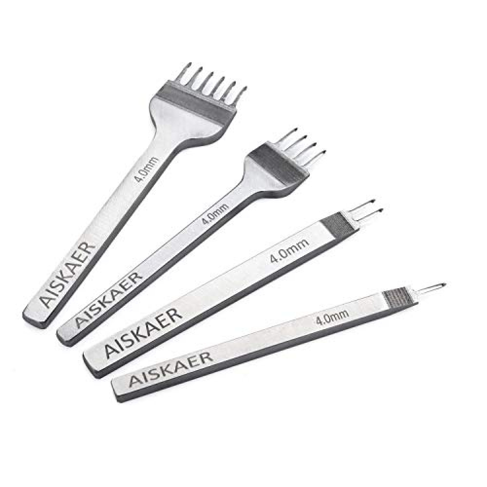 Aiskaer Leather Stitching Punch Set, Diamond Chisel Tools, 4mm White Steel 1/2/4/6 Prong for Leather Craft DIY