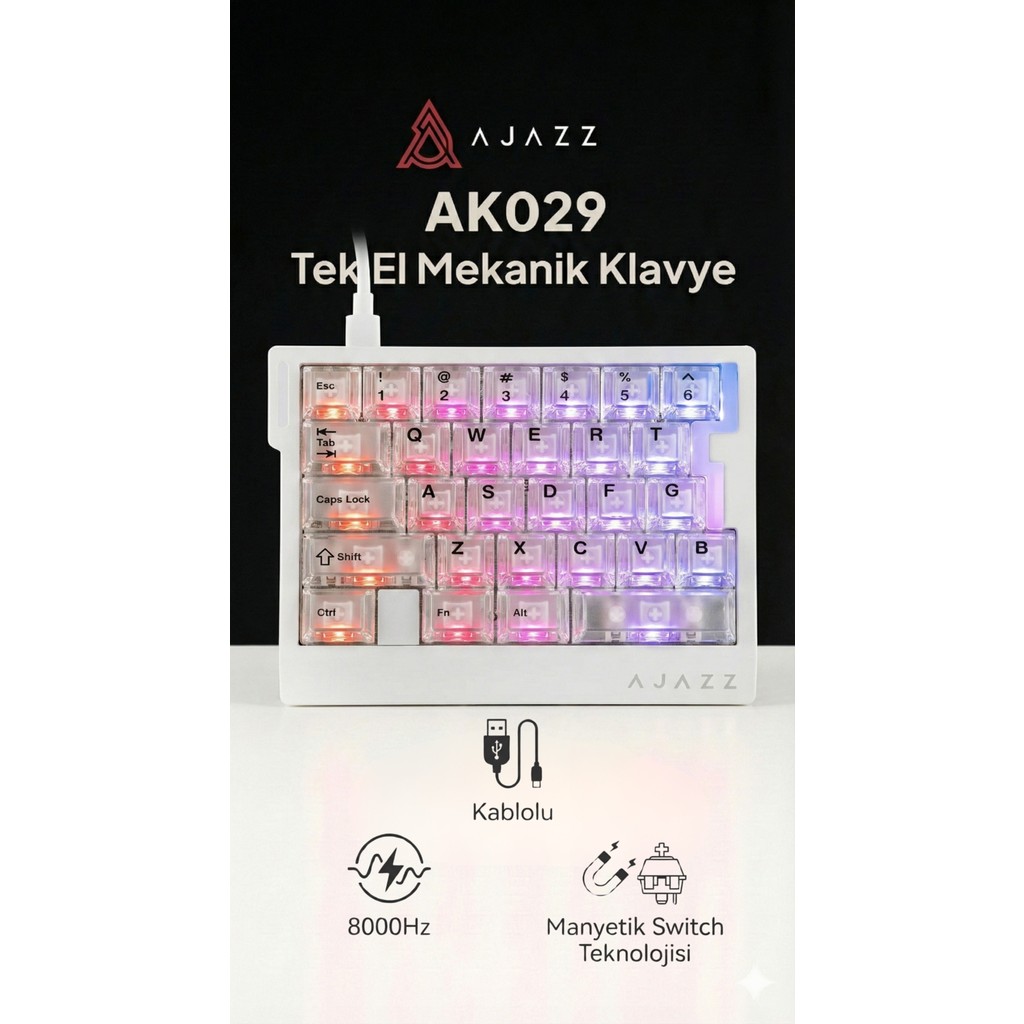 Ajazz AK029 Tek El Kablolu Manyetik Switch Oyun Klavyesi- Rgb-29 TUŞ-8000 Hz - Şeffaf Klavye - Mouse Fiyatı