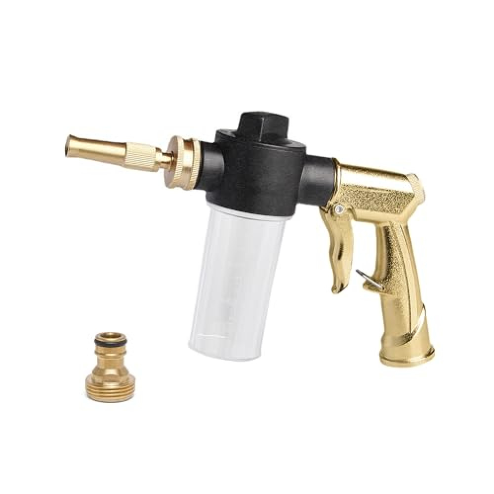 AJIUSIR High Pressure Car Wash Foam Gun Sprayer, Heavy Duty Metal Garden Hose Nozzle with 3.5oz/100cc Plastic Soap Dispenser Bottle, For Pet Showering, Gardening, Floor Cleaning (Brass)
