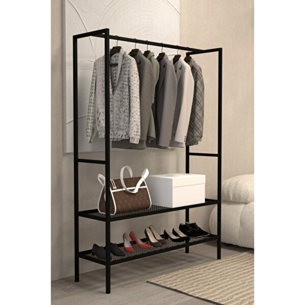 Aju Gardırop Açık Elbise Askılığı Ayakkabılık Metal Butik Askılık 2raflı Çok Amaçlı Modern Elbise Dolabı - Siyah Gardrop & Dolap Fiyatı