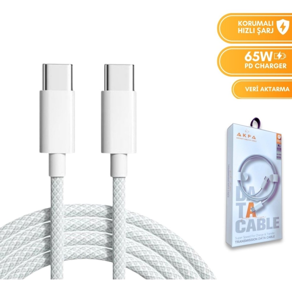 AK-65W Type-C To Type-C 65W Örgü Süper Hızlı Şarj Data Kablosu - Beyaz Bilgisayar Çevirici ve Adaptörü Fiyatı
